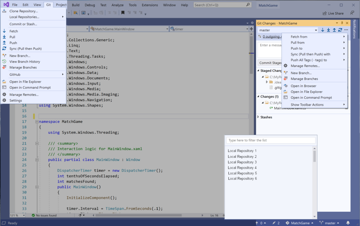 L'IDE di Visual Studio con il menu Git e la scheda delle Modifiche Git mostrata in Esplora soluzioni.