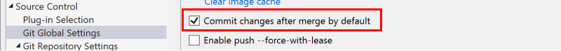 Screenshot che mostra la casella di controllo per eseguire il commit delle modifiche dopo l'unione per impostazione predefinita nella finestra di dialogo Opzioni.