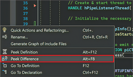 Screenshot del menu di scelta rapida con il pulsante destro del mouse in Visual Studio in cui è possibile selezionare Visualizza differenza.