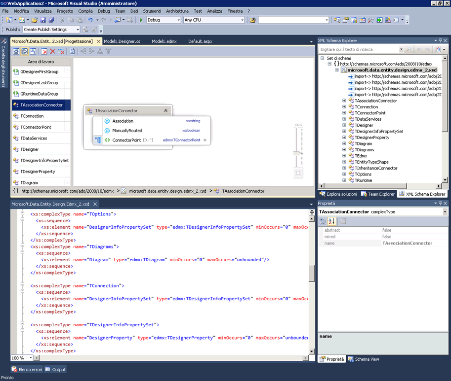 Screenshot of a Visual Studio project showing the View Designer pane, the XML Editor pane, and the XML Schema Explorer pane.