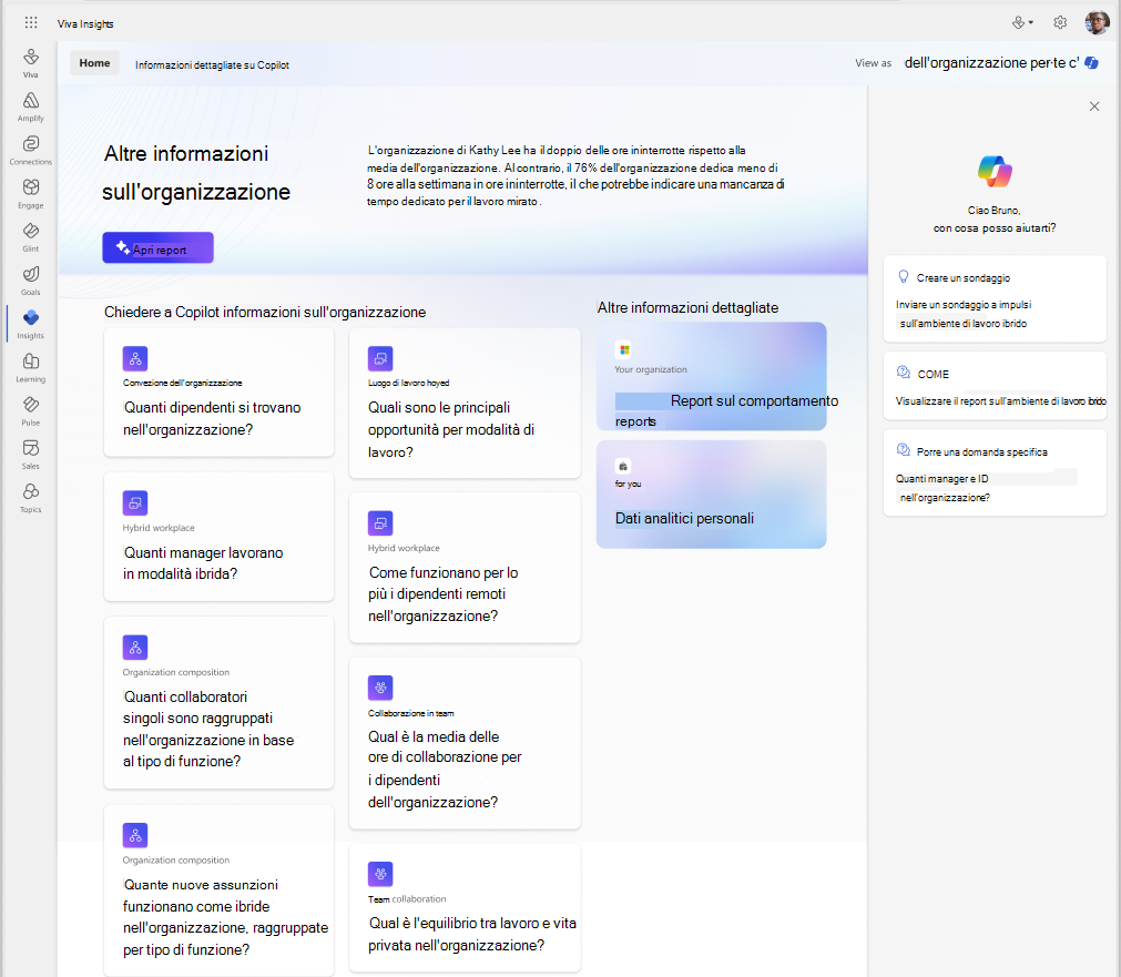 Screenshot che mostra i report copilot per informazioni dettagliate sull'organizzazione.