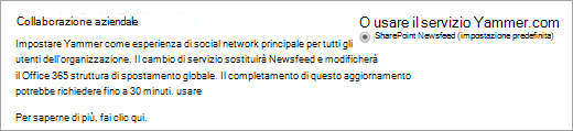 Screenshot dell'interfaccia di amministrazione di SharePoint, opzioni di Collaborazione sociale aziendale.