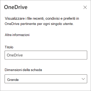 Screenshot che mostra le opzioni relative alle dimensioni della scheda nel pannello delle proprietà della scheda di OneDrive.