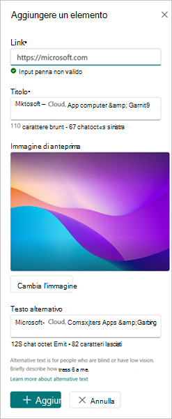 Screenshot del riquadro delle proprietà aggiungi impostazioni elemento.