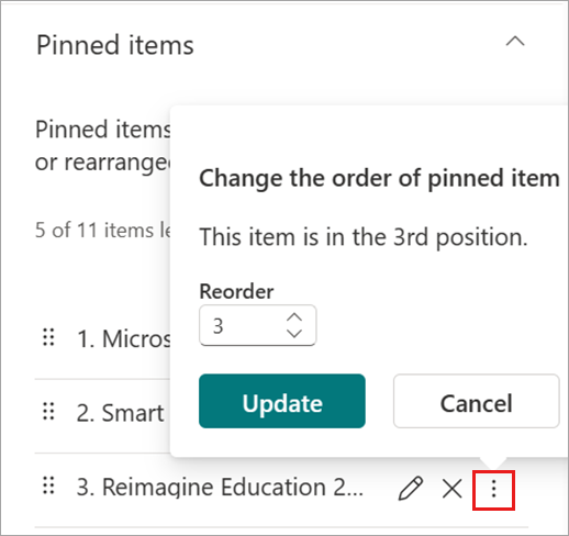 Screenshot del riquadro delle proprietà elementi aggiunti con l'icona di riordino evidenziata e il campo numerico visualizzato.