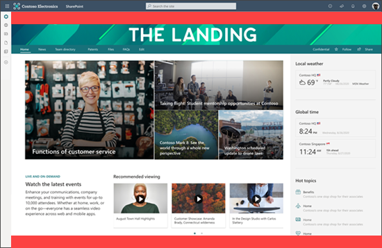Screenshot di un sito home di SharePoint con personalizzazioni.