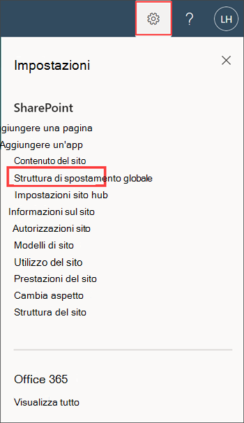 Screenshot dell'opzione Struttura di spostamento globale nel pannello Impostazioni.