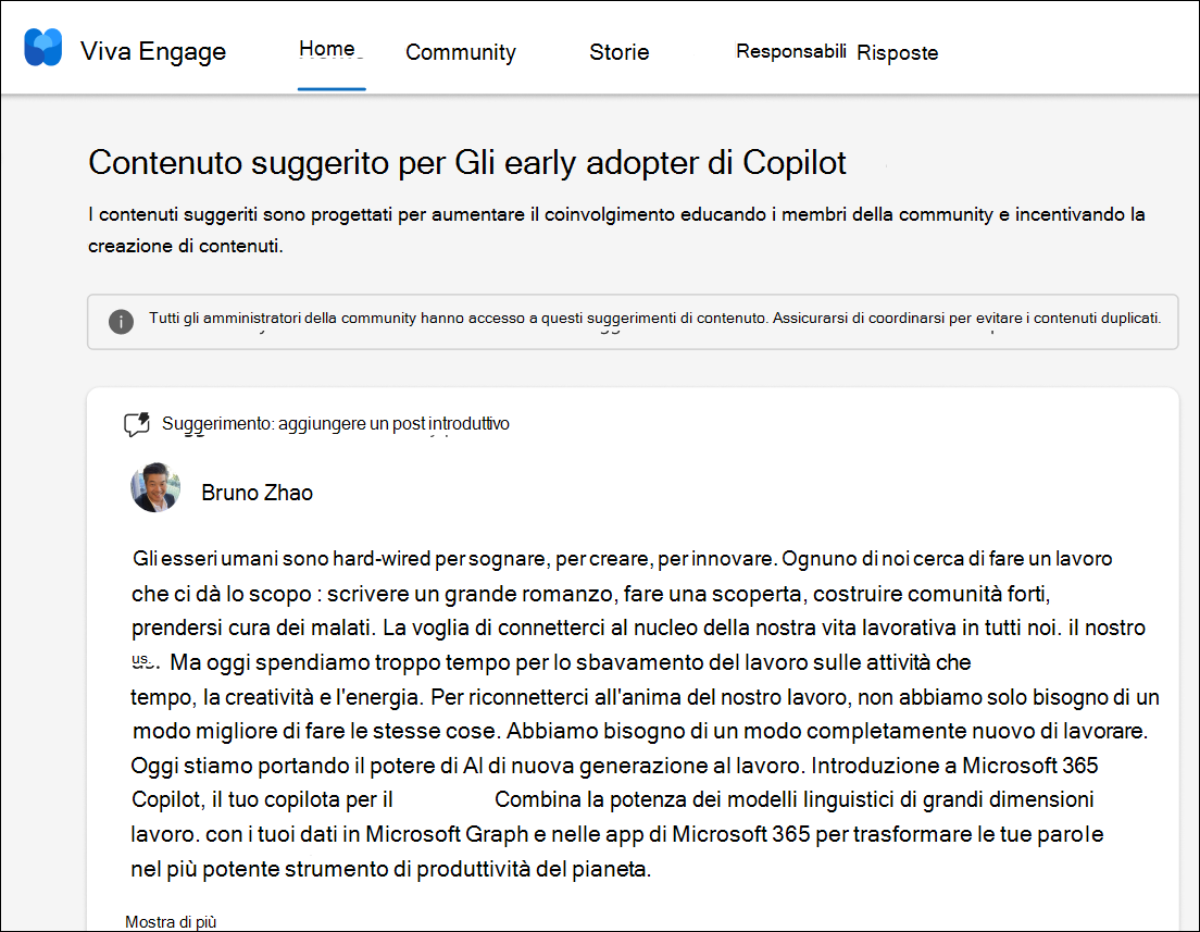 Screenshot che mostra il contenuto suggerito generato nella pagina della community di adozione di Copilot=.