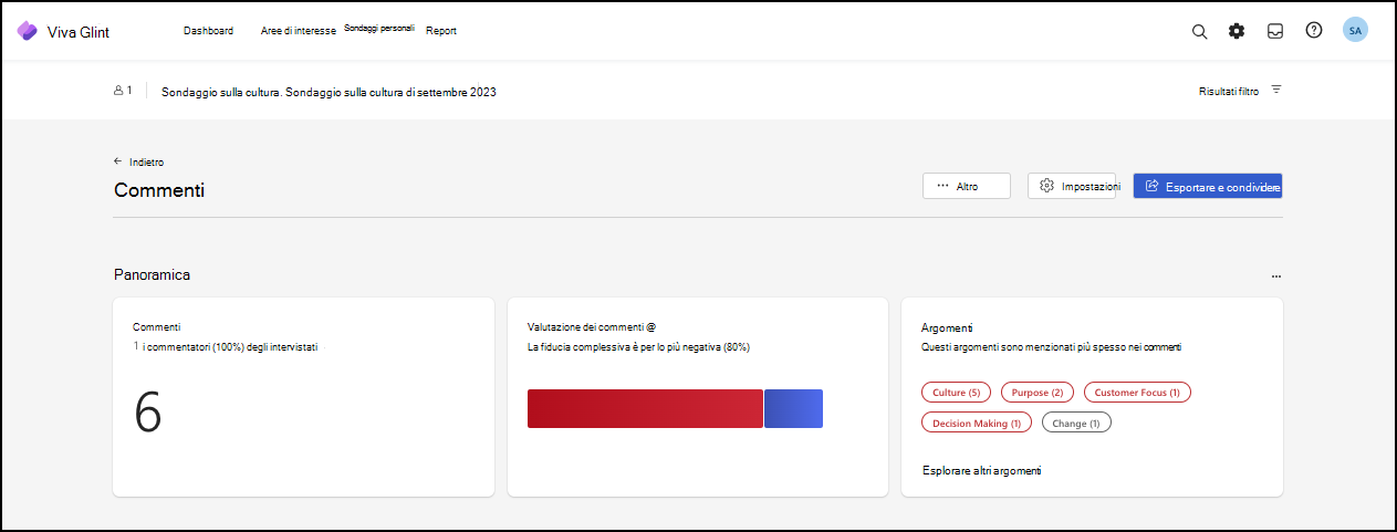 Screenshot delle sezioni predefinite panoramica dei commenti.