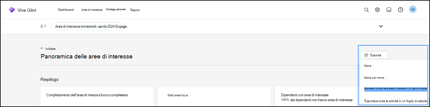 Screenshot delle opzioni di download o dell'esportazione del report Area messa a fuoco.