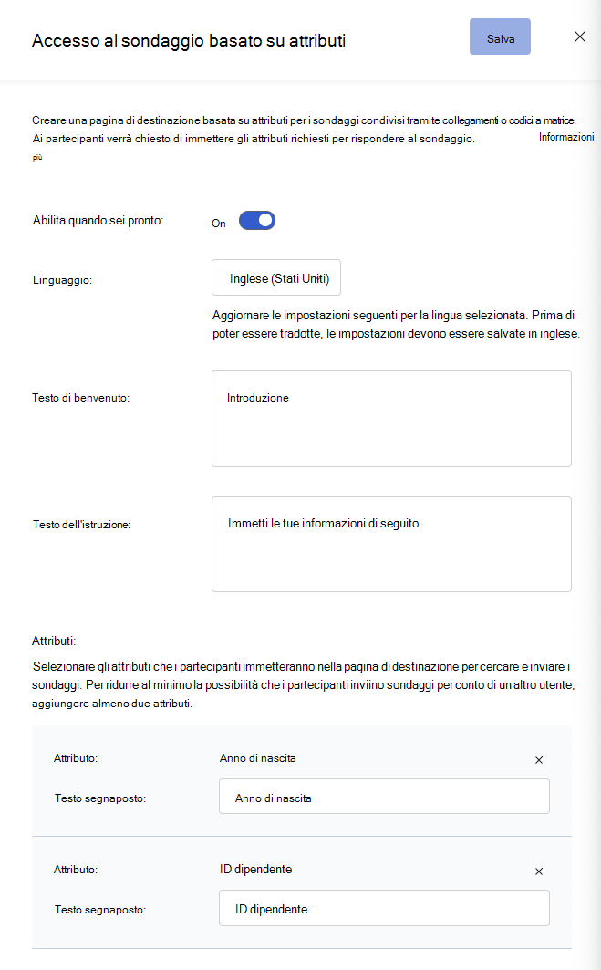 Screenshot del riquadro di configurazione dell'accesso al sondaggio basato su attributi in Impostazioni generali.