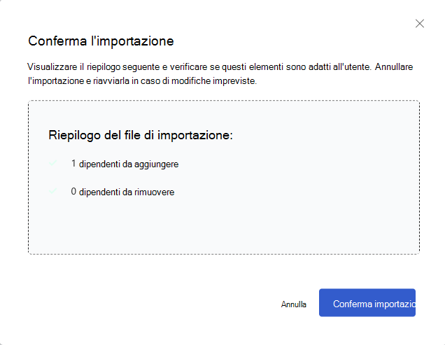 Screenshot della finestra di dialogo visualizzata per consentire a un utente di confermare l'importazione del ruolo utente.