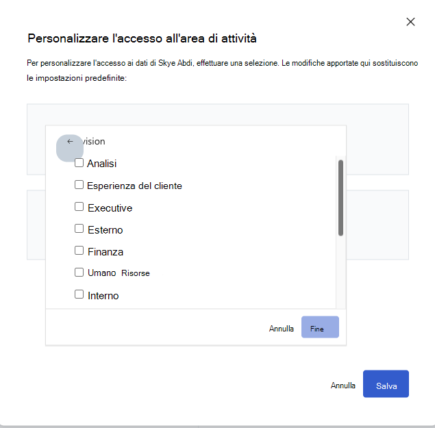 Screenshot della finestra di dialogo con i valori di attributo di accesso all'area dello stato attivo personalizzati da selezionare.