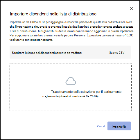 Screenshot della finestra del dispositivo di scorrimento per l'importazione di dipendenti in una lista di distribuzione.