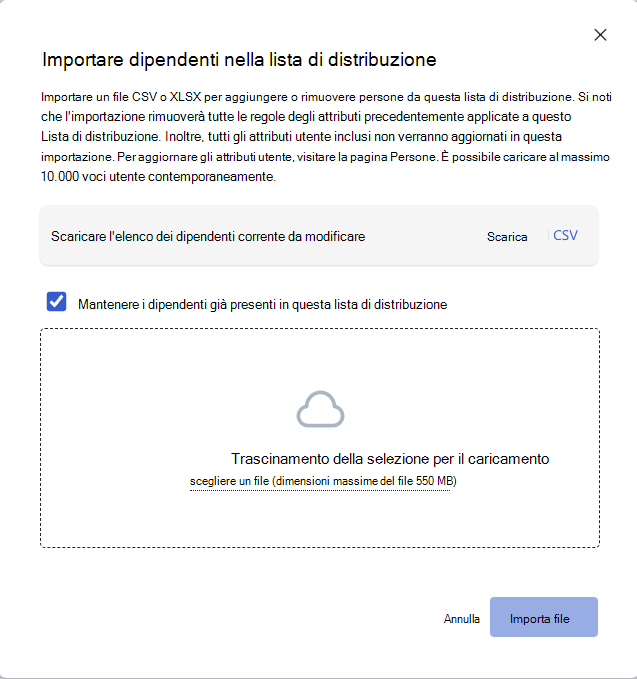 Screenshot della finestra di dialogo di importazione della lista di distribuzione con l'opzione Mantieni dipendenti nell'elenco selezionata.