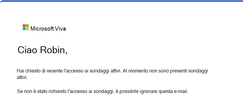 Screenshot del messaggio di posta elettronica ricevuto da un utente quando usa il collegamento per inviare di nuovo gli inviti al sondaggio, ma non dispone di sondaggi attivi.