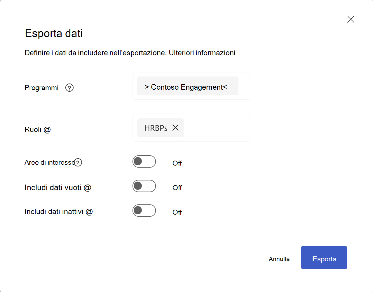 Screenshot della finestra di dialogo Esporta dati con le selezioni di programmi, ruoli e dati.