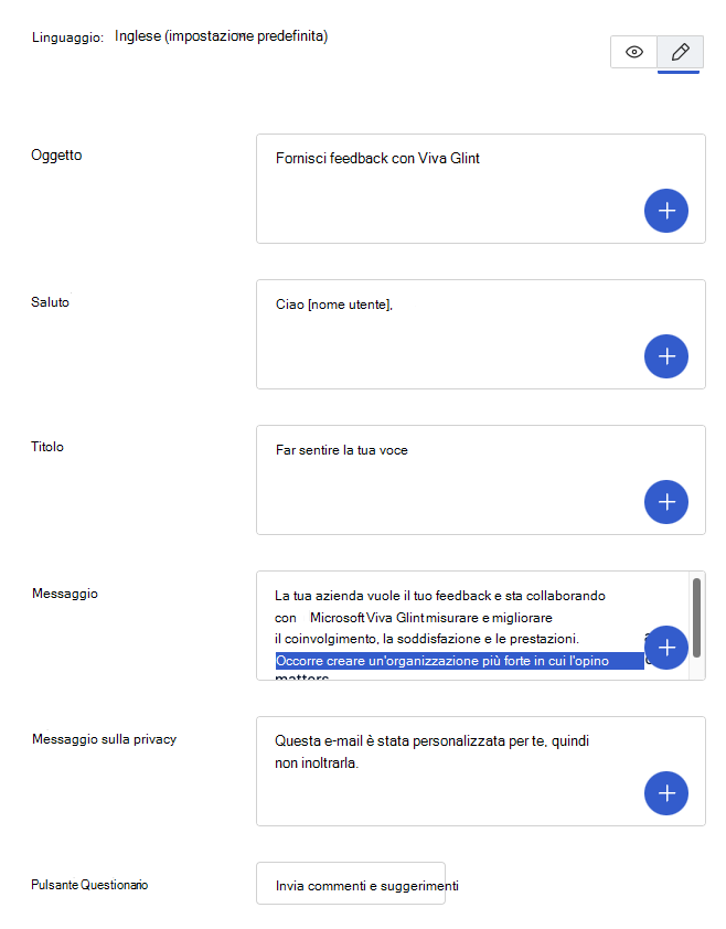 Screenshot delle sezioni di posta elettronica del sondaggio modificabili in Viva Glint.