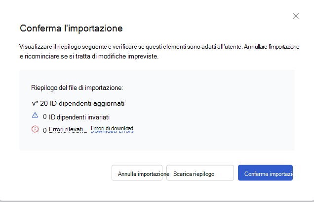 Screenshot della finestra di dialogo Conferma importazione con un riepilogo di aggiornamenti, errori e un'opzione di download di riepilogo.