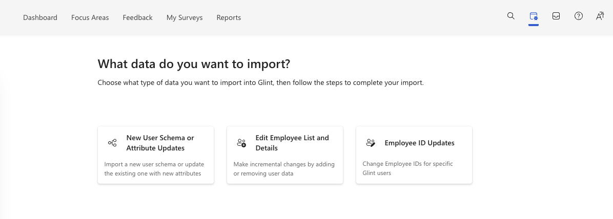 Screenshot della schermata di selezione dell'opzione di importazione, inclusa l'opzione Nuovo schema utente o Attributo Aggiornamenti.