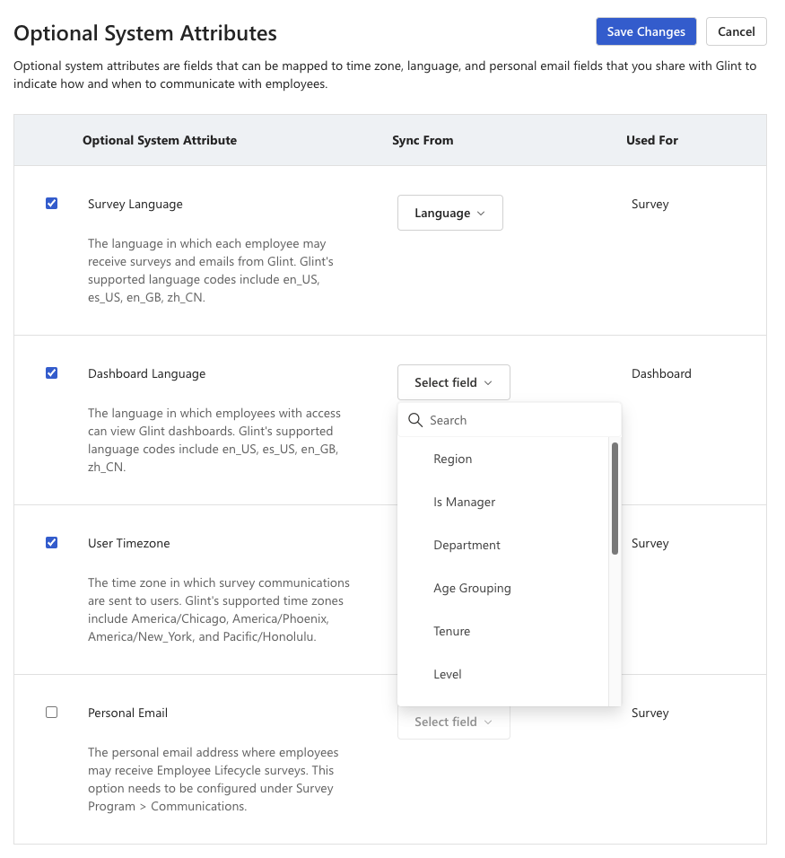 Screenshot della sezione Attributi di sistema facoltativi dopo aver selezionato il pulsante Gestisci attributi di sistema facoltativi.