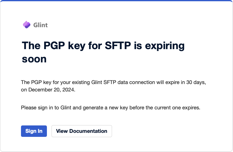 Screenshot del messaggio di posta elettronica di scadenza della chiave PGP che Glint invia 30 giorni prima della data di scadenza.