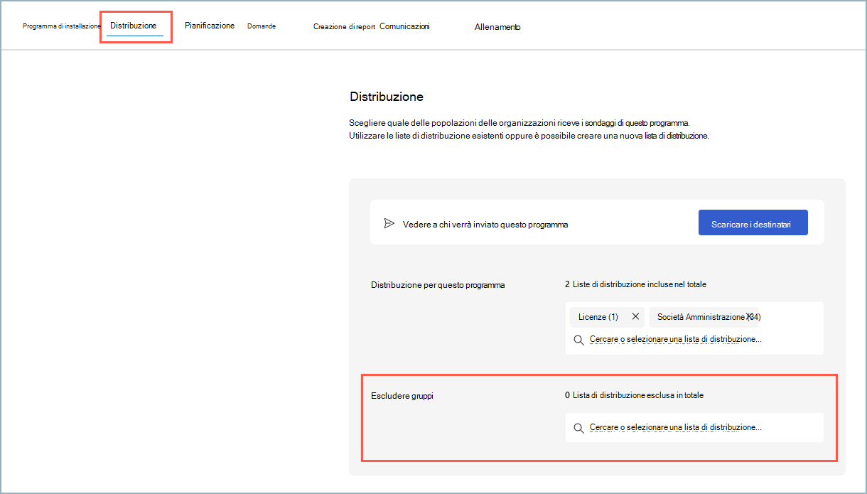 Screenshot del campo Escludi gruppi nella pagina Distribuzione in Riepilogo programma.