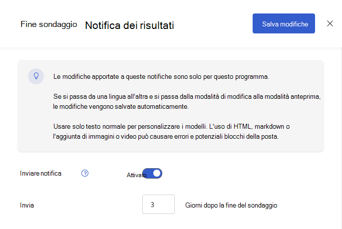 Screenshot del riquadro Configurazione della posta elettronica di notifica risultati fine sondaggio.