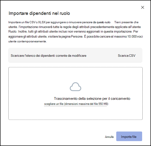 Screenshot della finestra di dialogo Importa dipendenti nel ruolo in Impostazioni ruolo.