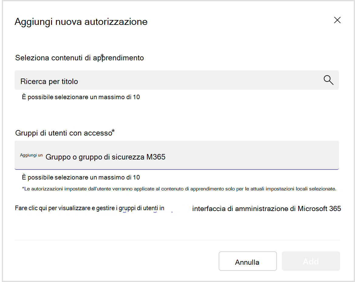 Screenshot di una finestra popup che elenca le opzioni per l'aggiunta di nuove autorizzazioni.