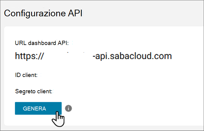 Immagine del dashboard API con il cursore che passa sopra il pulsante Genera.