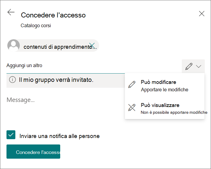 Screenshot dell'icona a matita che mostra le opzioni Can edit (Modifica) e Can view (Visualizza).