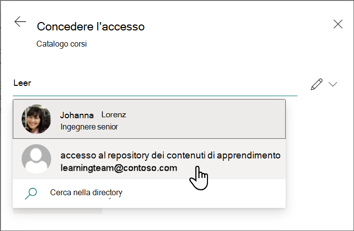 Screenshot di un gruppo selezionato nel riquadro Accesso diretto.