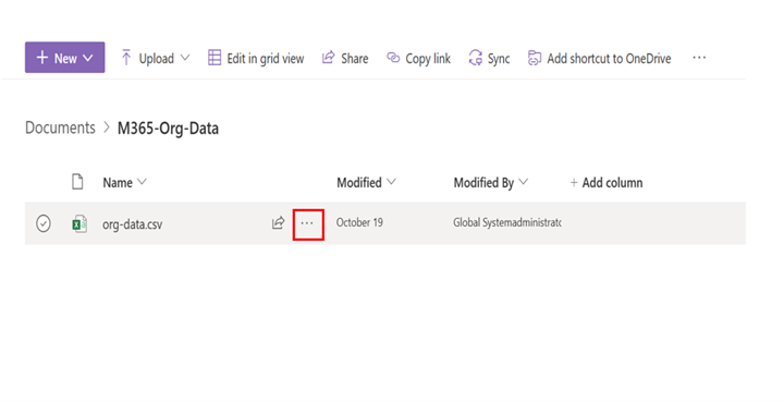 Uno screenshot mostra l'opzione puntini di sospensione accanto a un file in una raccolta di SharePoint. 