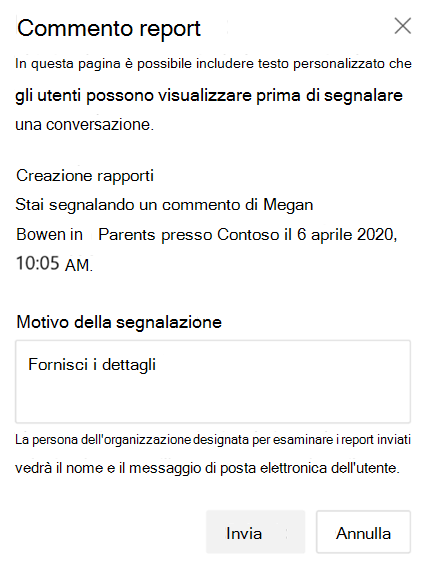 Screenshot che mostra il motivo della casella di creazione report.