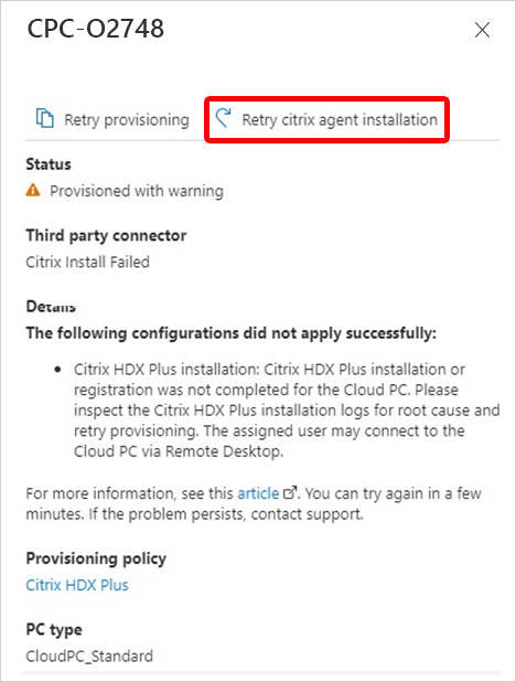 Screenshot dell'installazione dell'agente Retry Citrix