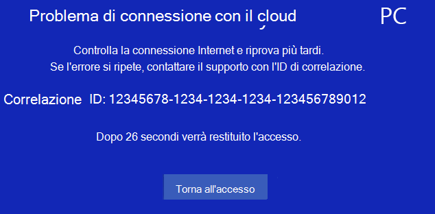 Screenshot della finestra di dialogo problema di connessione.