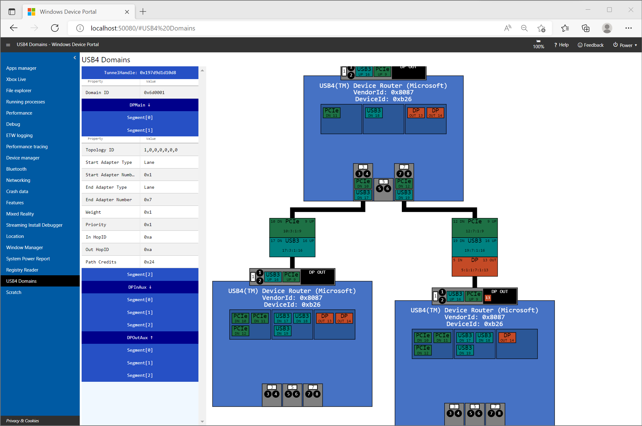 Screenshot che mostra la barra laterale di Windows Device Portal.