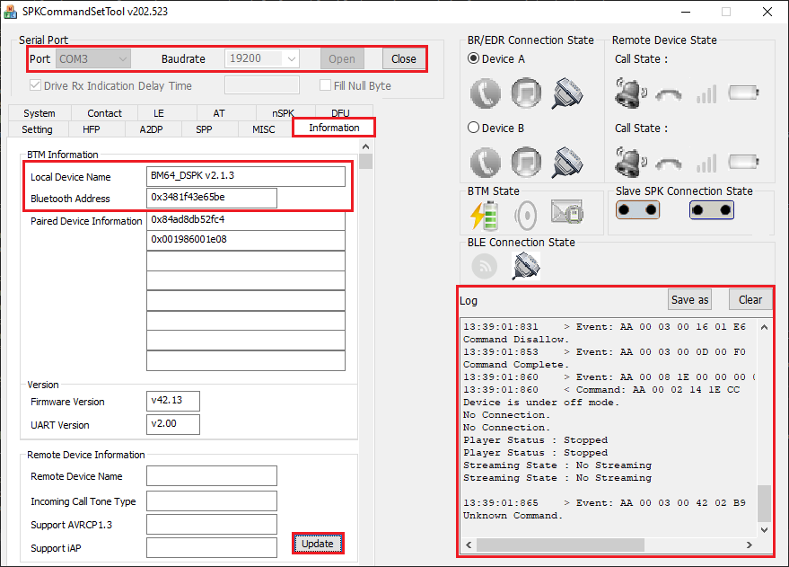 Screenshot dello strumento SPKCommand che mostra la comunicazione riuscita.