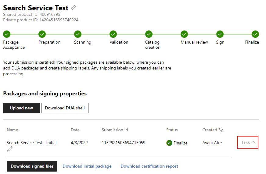 Screenshot che mostra le opzioni di download dei file per un invio di driver