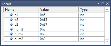 Screenshot della finestra Variabili locali in Visual Studio che visualizza parametri e variabili locali per una funzione in un'applicazione a 64 bit ottimizzata.