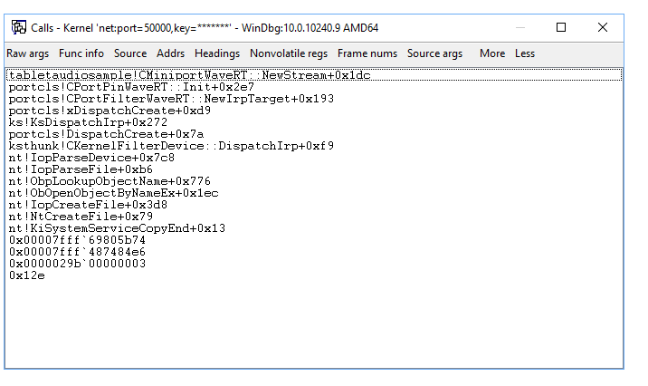 Interfaccia WinDbg che visualizza la finestra dello stack di chiamate.