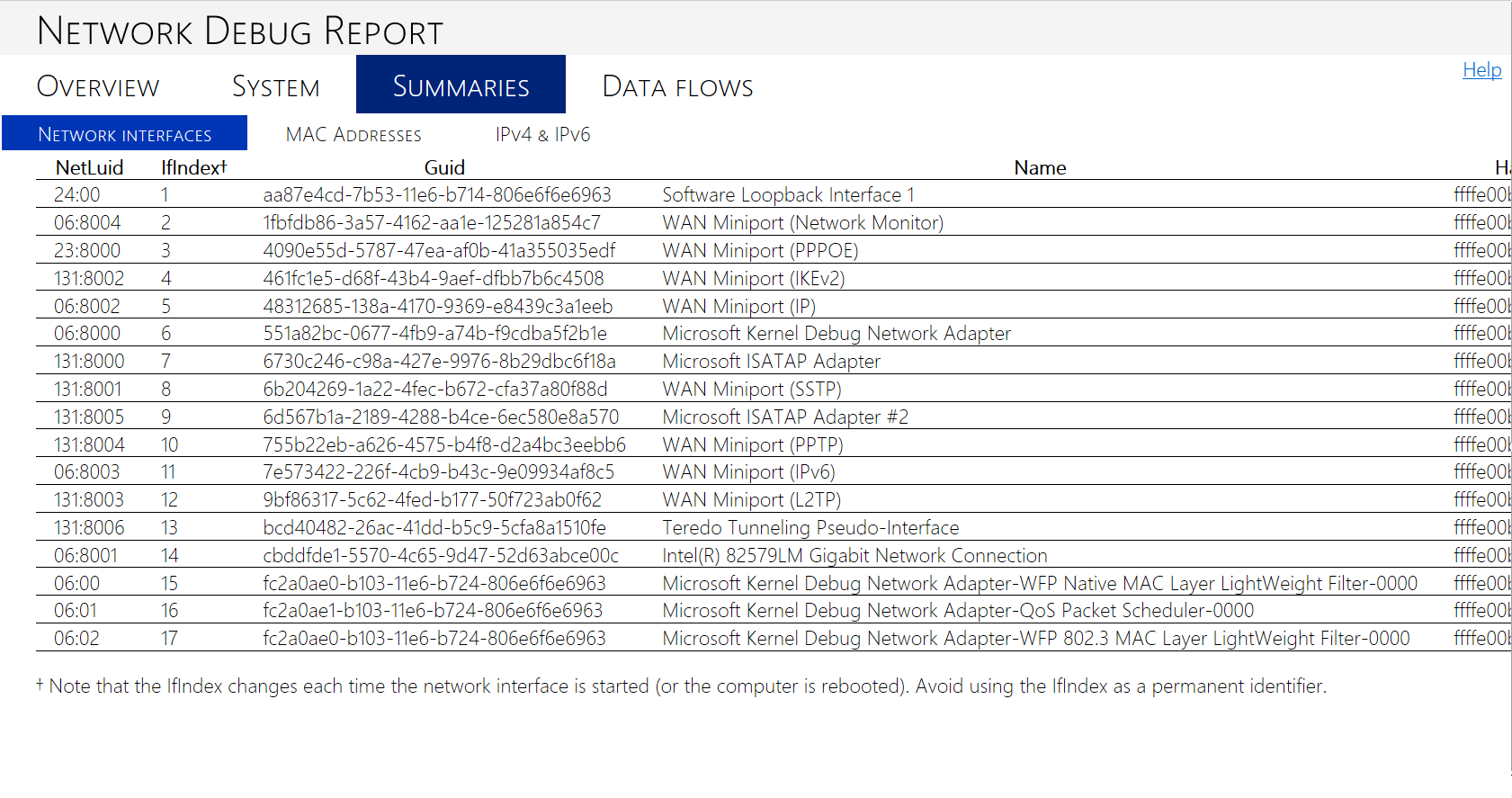 Screenshot della scheda Interfacce di rete in un report di debug di rete.