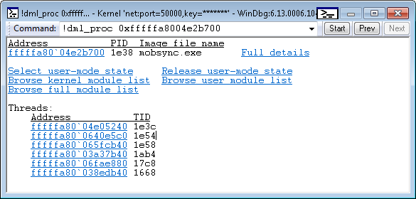 Screenshot delle informazioni dettagliate sul processo di mobsync.exe.