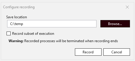 Screenshot di WinDbg che mostra la finestra di dialogo Configura registrazione con il percorso impostato su c: temp.