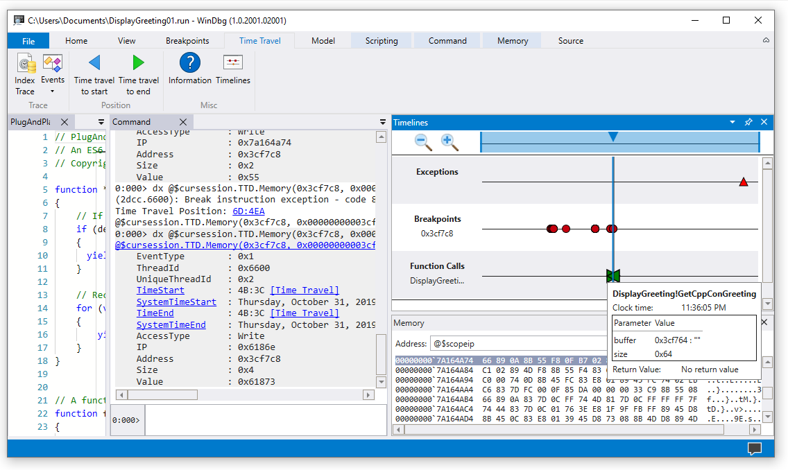 Screenshot di WinDbg con il comando Time Travel Debugging e tre sequenze temporali.