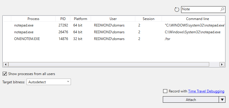 Screenshot della finestra di dialogo Connetti a un processo nel debugger WinDbg.