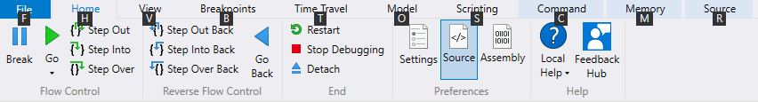 Screenshot del menu Home di WinDbg che mostra le lettere chiave rapide per le opzioni della barra multifunzione.