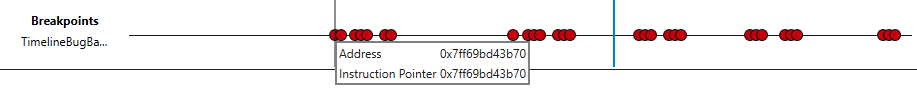 Sequenza temporale nel debugger che visualizza circa 30 indicatori di punti di interruzione.