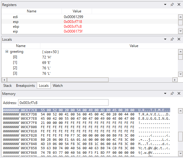 Debugger che visualizza registri, stack e finestre di memoria.